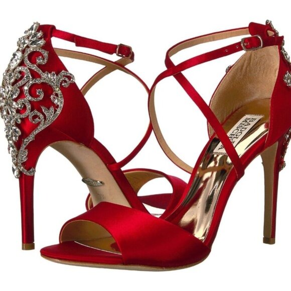 Badgley Mischka Karmen Red Satin Crystal Jeweled Heels Size 6 - Picture 1 of 11